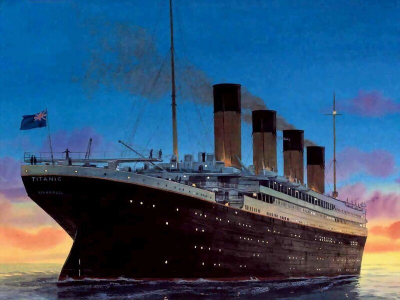 Titanic Ship at Sea — Blue, Dramatic, Sunset, Illustration