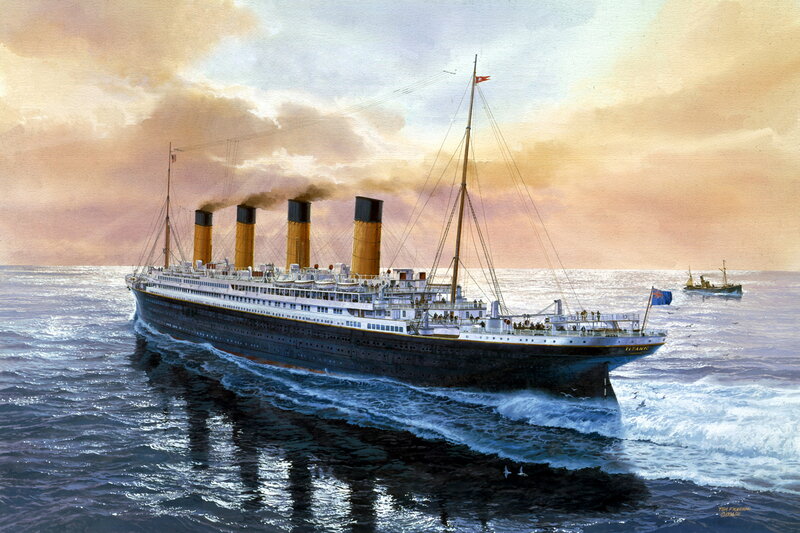Titanic Ship at Sea — Blue, Dramatic, Sunset