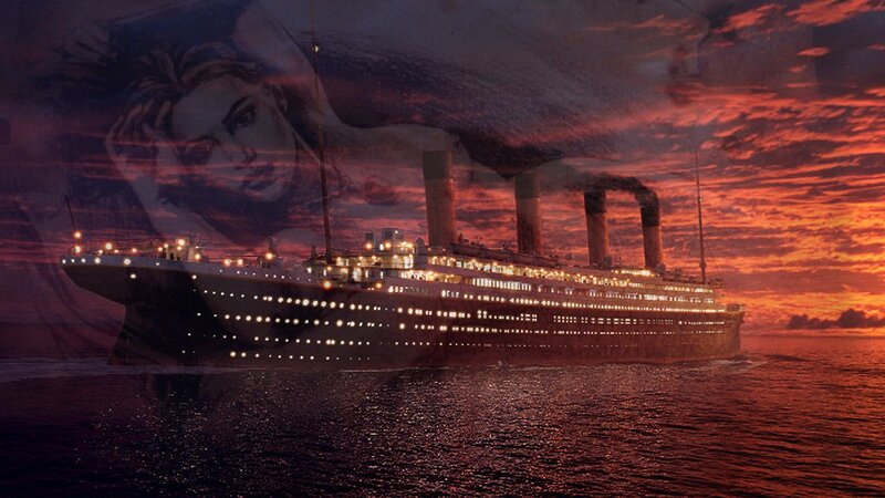 Titanic Ship at Sea — Red, Dramatic, Sunset, Digital Art