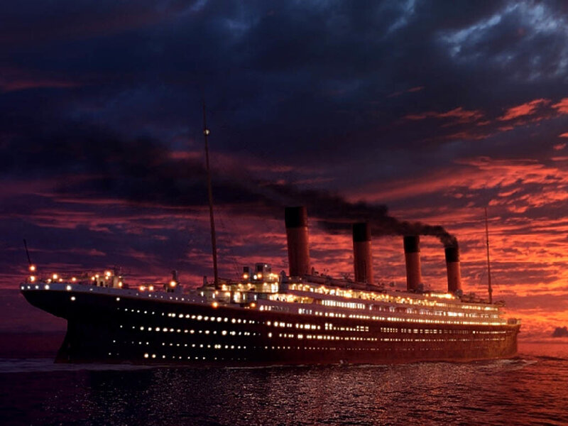 Titanic Ship at Sea — Red, Dramatic, Sunset, Photograph, Ocean, Smokestacks, Sky