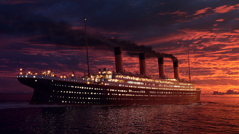 Titanic Ship at Sea — Red, Dramatic, Sunset, Photograph
