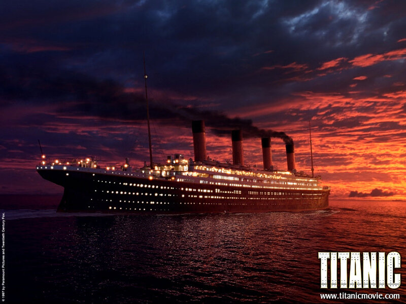 Titanic Ship at Sea — Red, Dramatic, Sunset