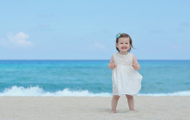 Toddler Girl on Beach — Blue, Serene