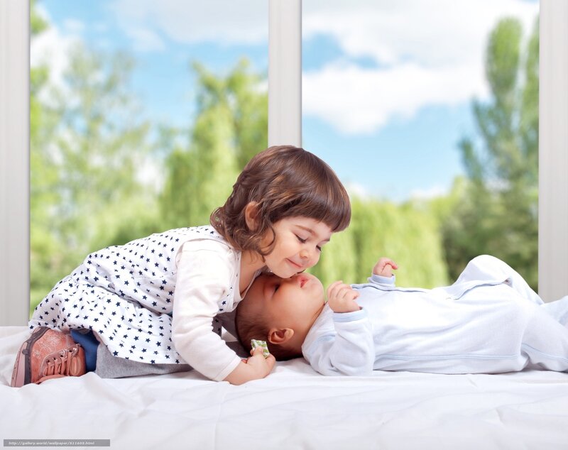 Toddler Kissing Baby — White, Peaceful, Afternoon