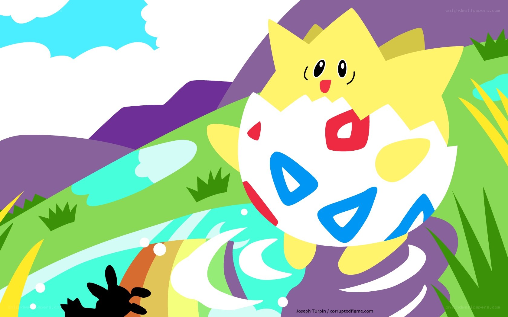 Togepi hatching in a colorful landscape