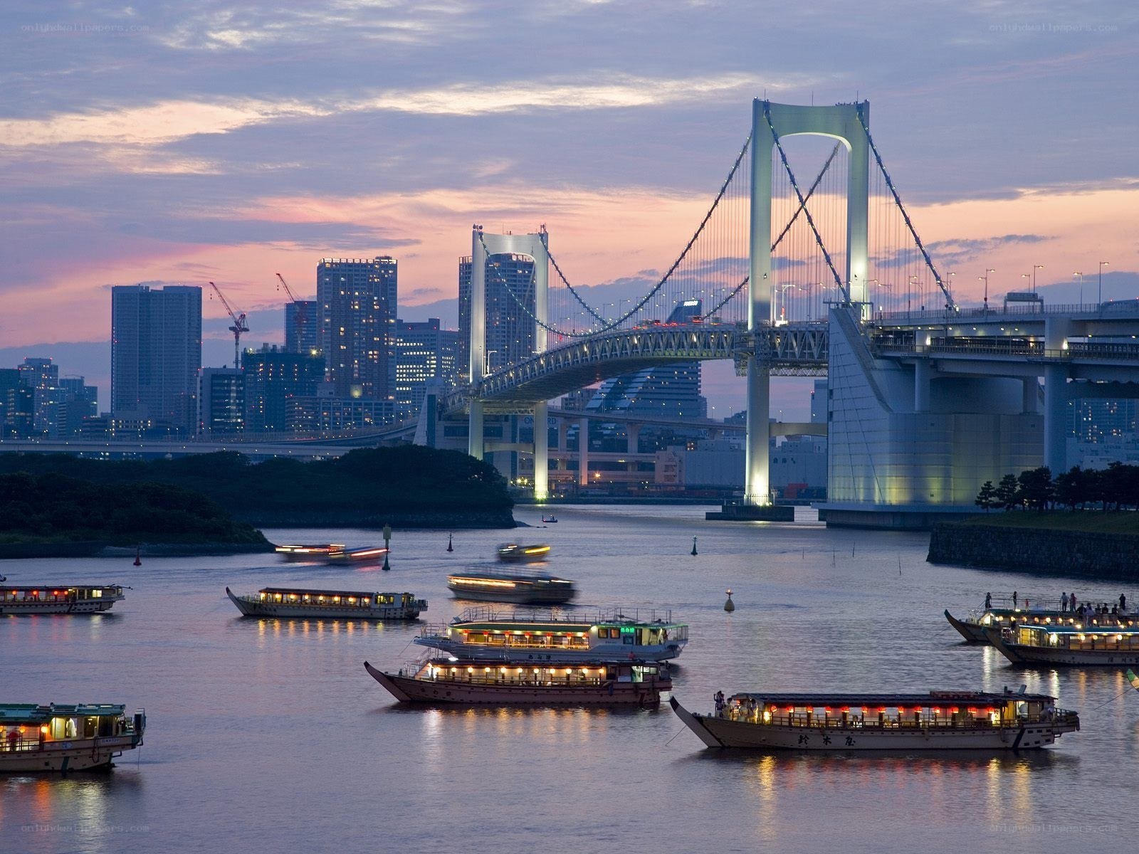 Tokyo Bay at dusk with Rainbow Bridge