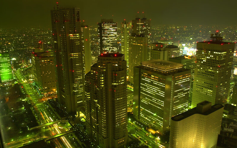 Tokyo City Skyline — Green, Urban, Night, Photograph