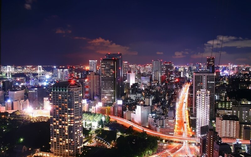 Tokyo Cityscape at Night — Black, Dramatic, Photograph, Skyscrapers, Highway