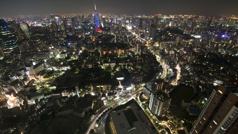 Tokyo Cityscape at Night — Black, Dramatic, Photograph, Skyscrapers, Light Trails, Tokyo Tower, Yellow