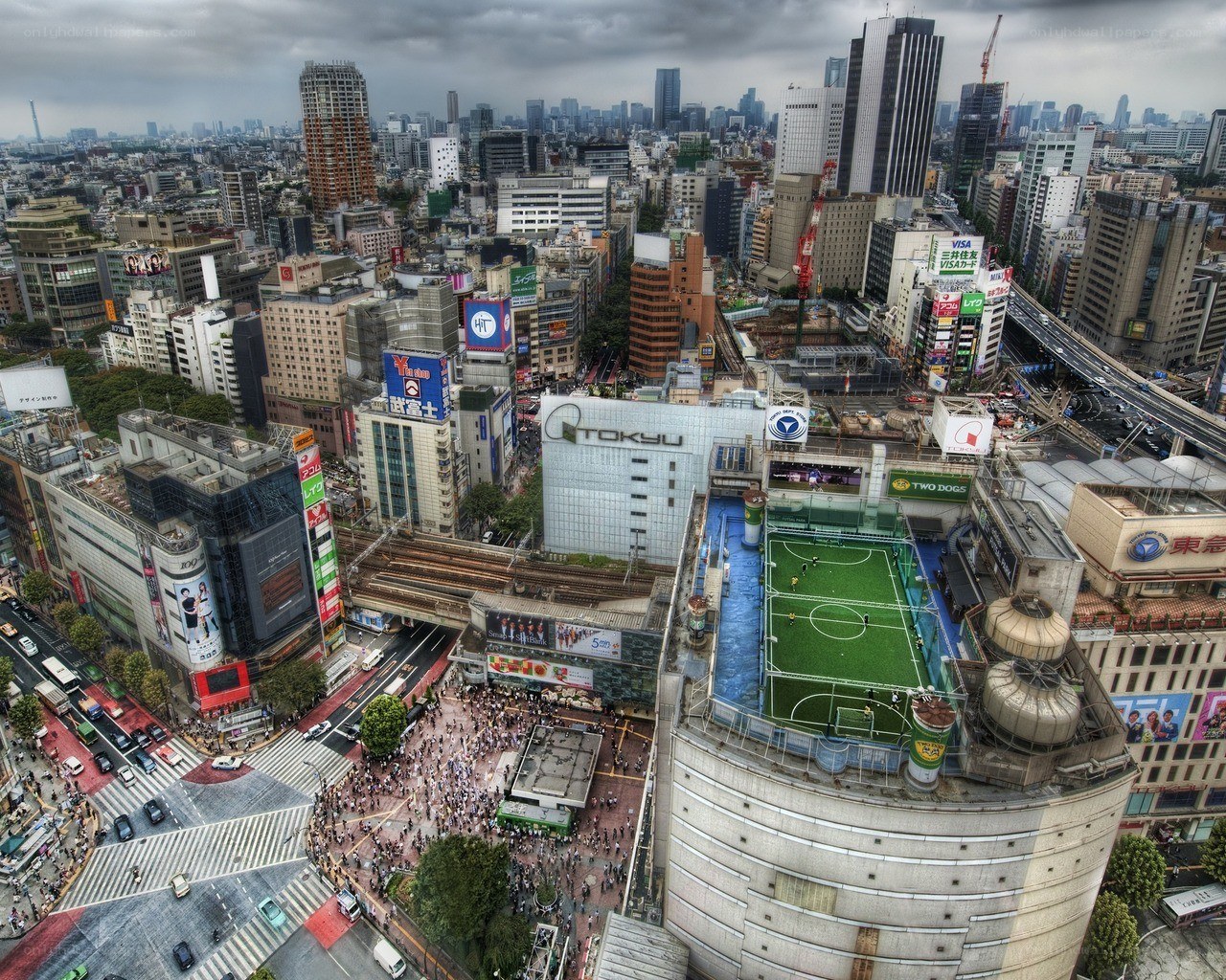 Tokyo cityscape with rooftop soccer field