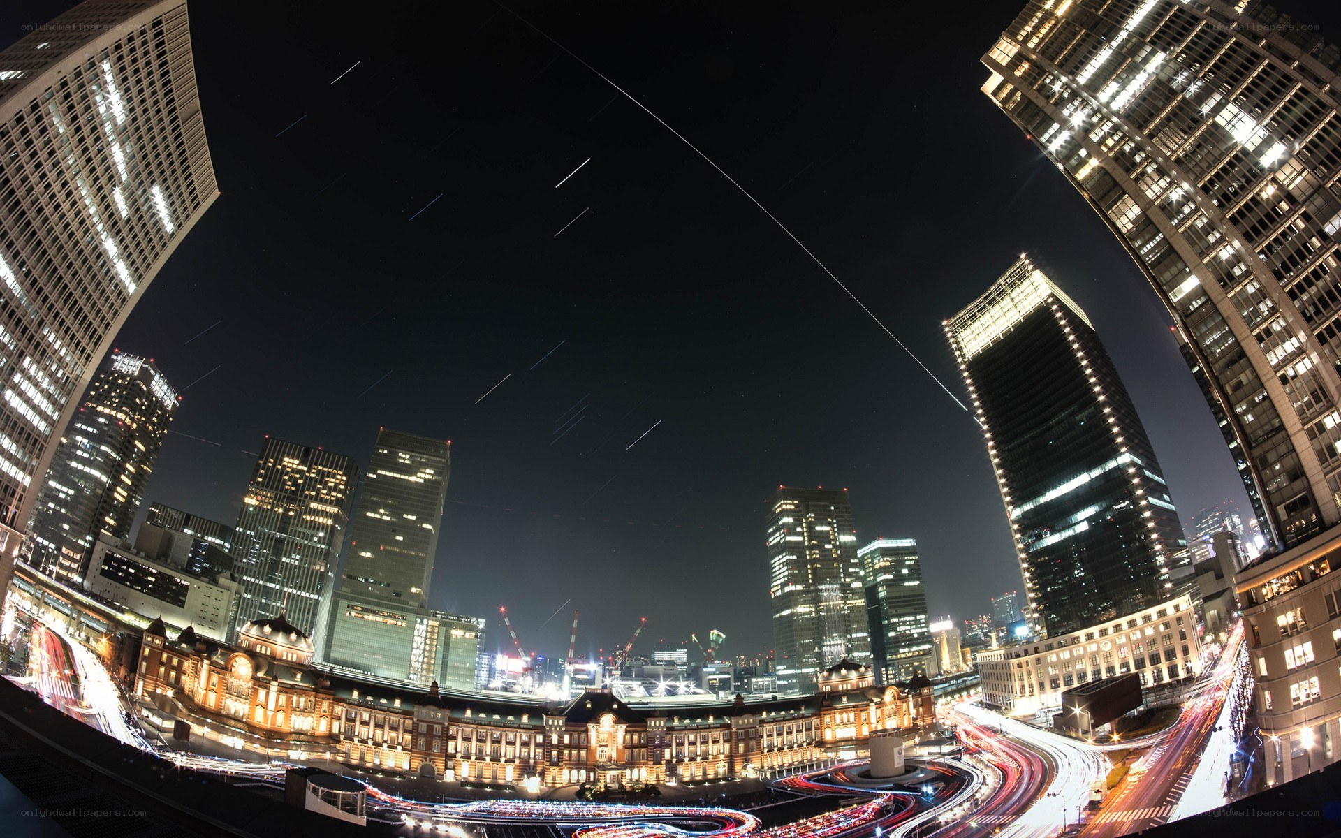 Tokyo night skyline with light trails