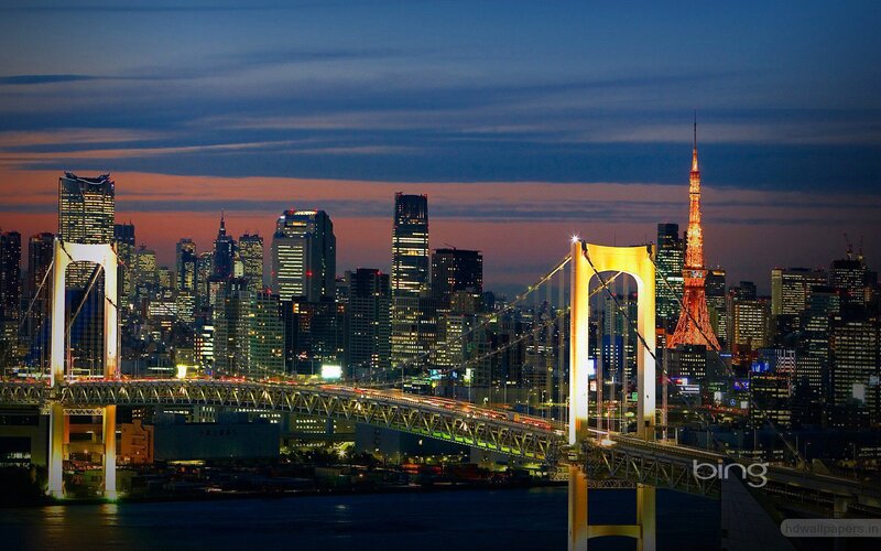 Tokyo Skyline at Dusk — Blue, Dramatic, Night, Photograph, Bridge