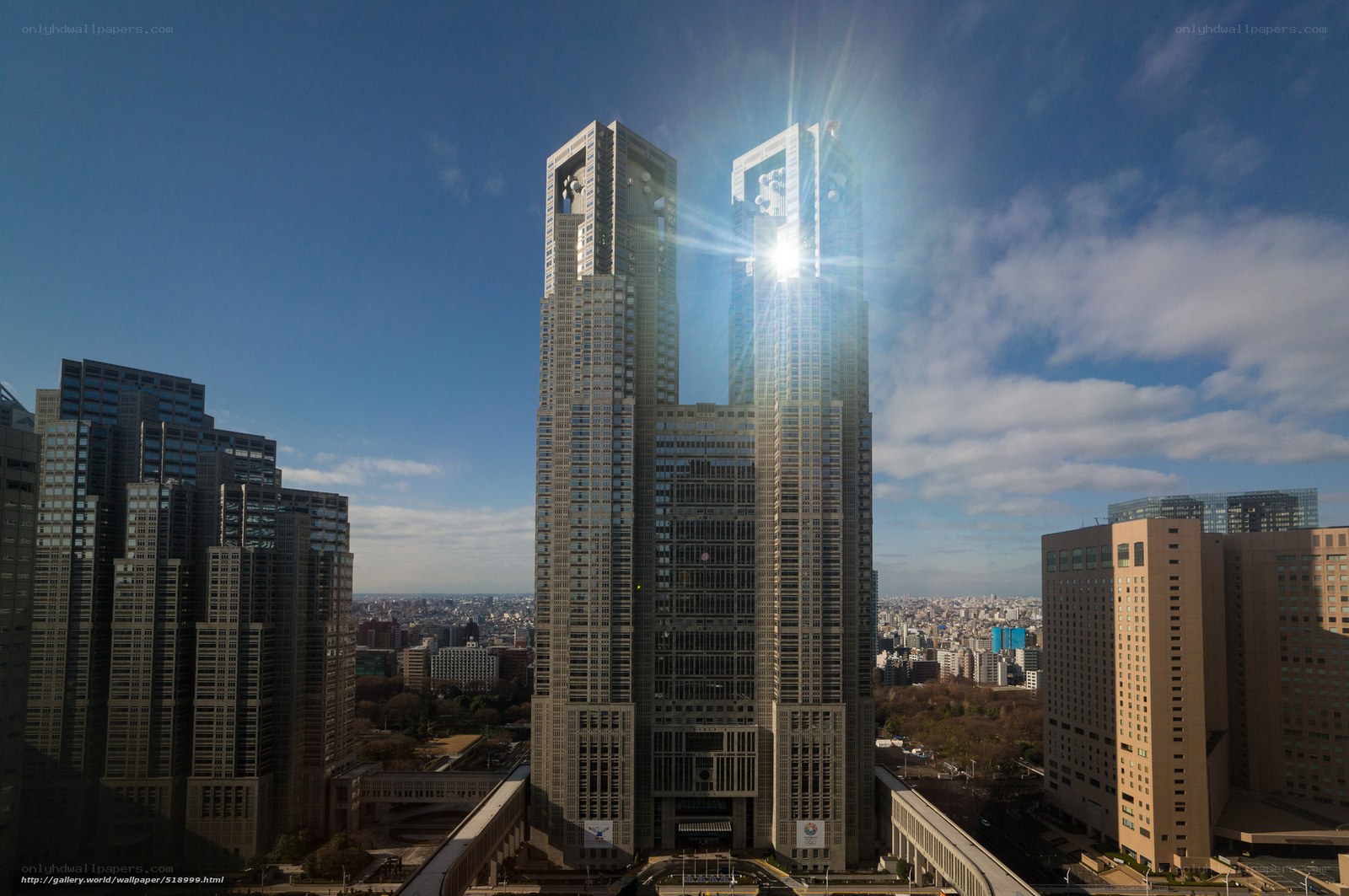 Tokyo skyline with sun glare