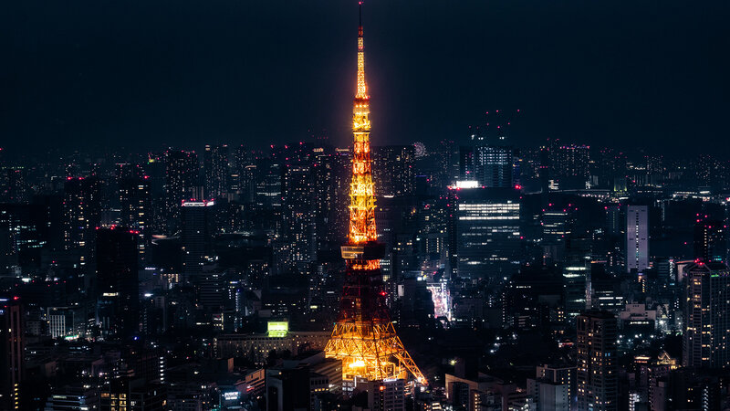 Tokyo Tower at Night — Black, Dramatic, Photograph, City Skyline, Buildings