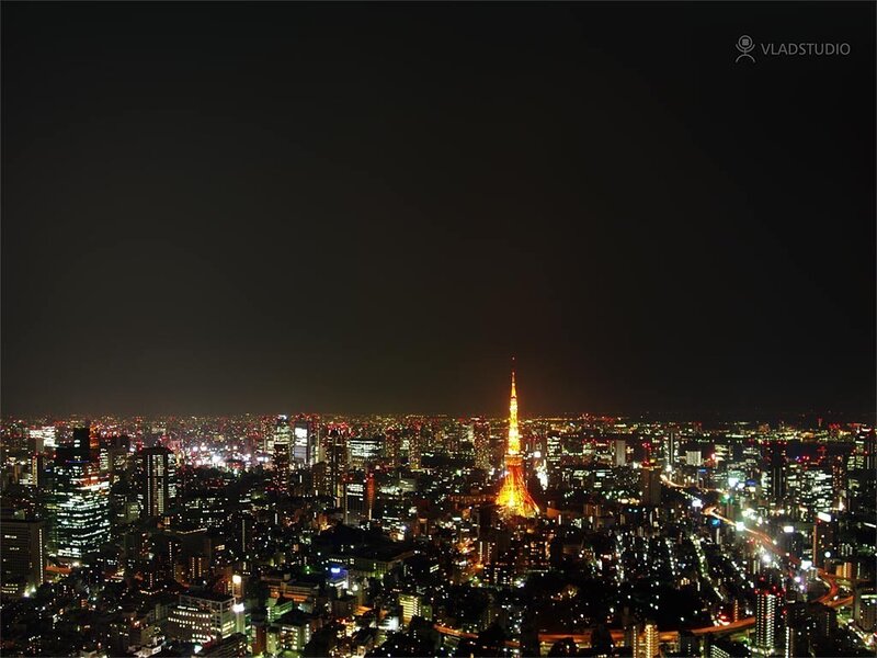 Tokyo Tower at Night — Black, Dramatic, Photograph, Cityscape, Skyscrapers, Lights, Yellow