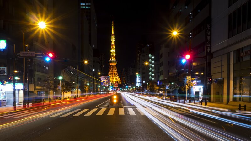 Tokyo Tower at Night — Black, Dramatic, Photograph, Street Lights