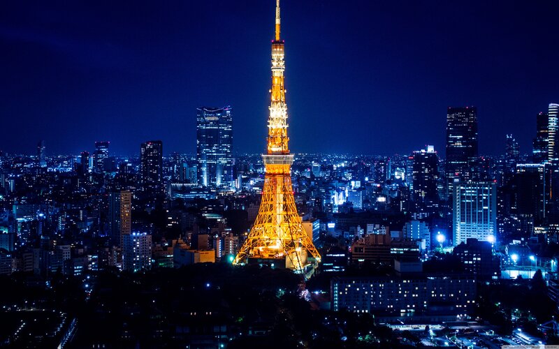 Tokyo Tower at Night — Blue, Dramatic, Photograph, City Skyline, Buildings, Lights