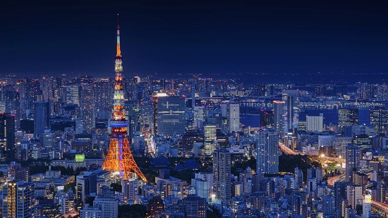 Tokyo Tower at Night — Blue, Dramatic, Photograph, City Skyline, Buildings, River