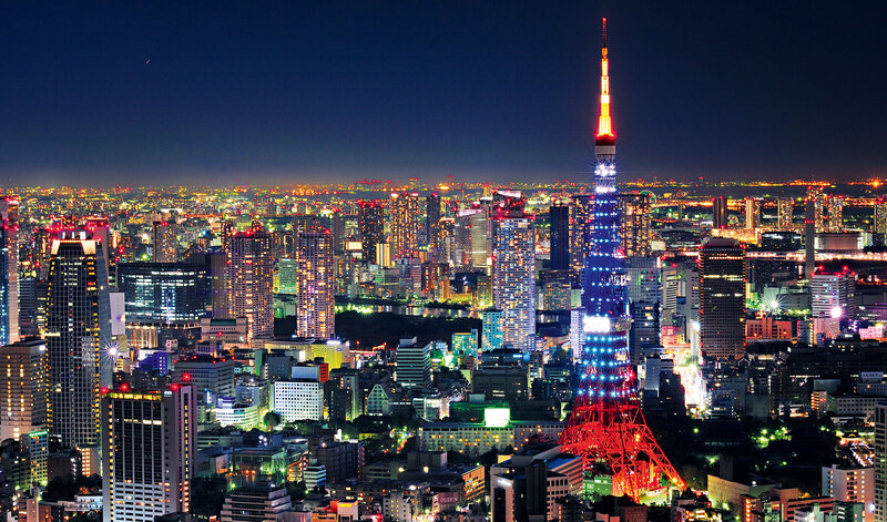 Tokyo Tower at Night — Blue, Dramatic, Photograph, City Skyline, Buildings