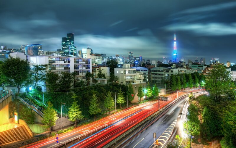 Tokyo Tower at Night — Blue, Dramatic, Photograph, City Skyline, Highway