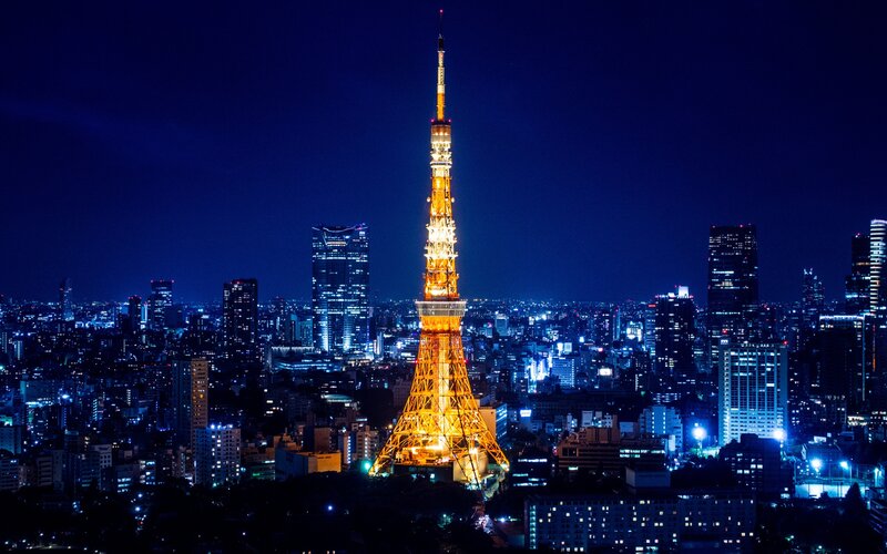 Tokyo Tower at Night — Blue, Dramatic, Photograph, City Skyline