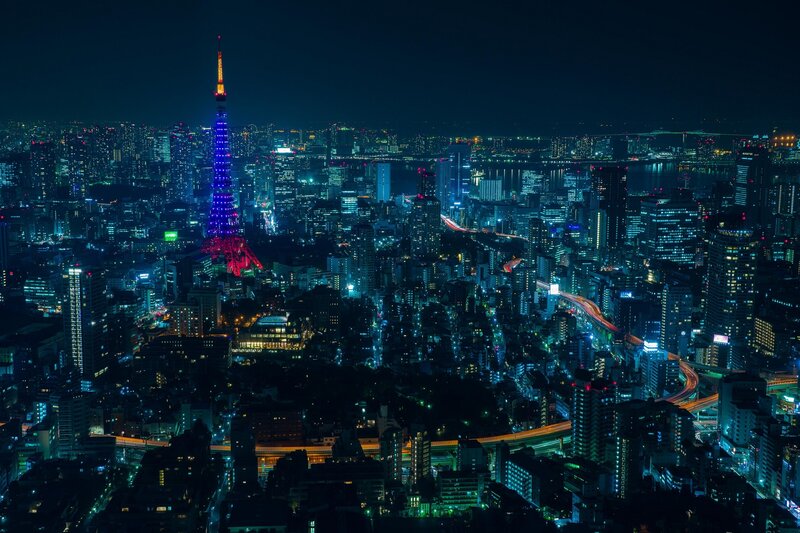 Tokyo Tower at Night — Blue, Dramatic, Photograph, Cityscape, Skyscrapers, Highways