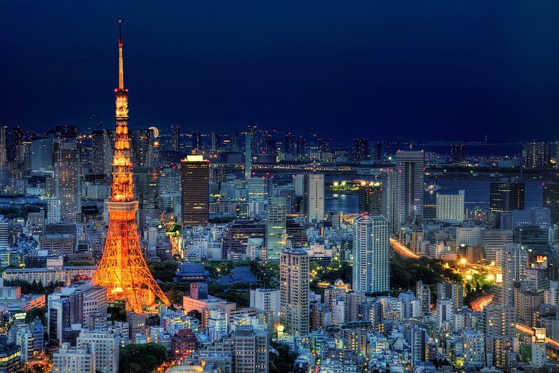 Tokyo Tower at Night — Blue, Dramatic, Photograph, Cityscape, Skyscrapers, River, Lights