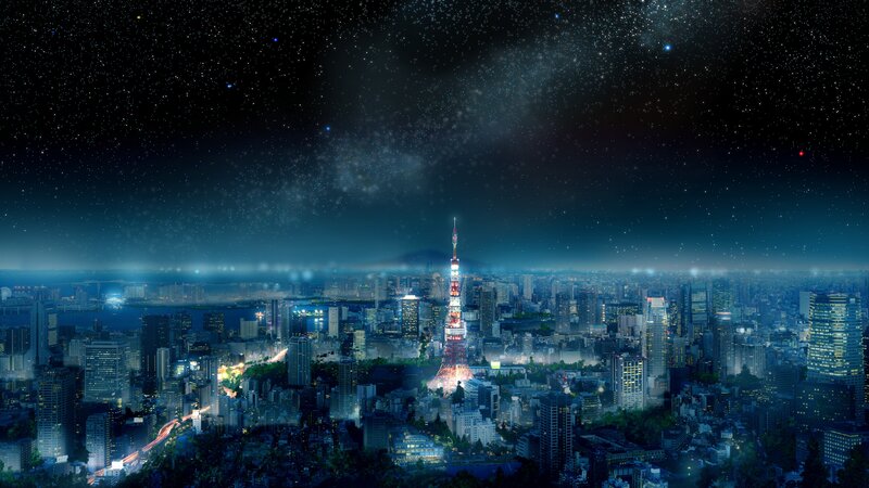 Tokyo Tower at Night — Blue, Serene, Digital Art, Cityscape, Skyscrapers, Stars