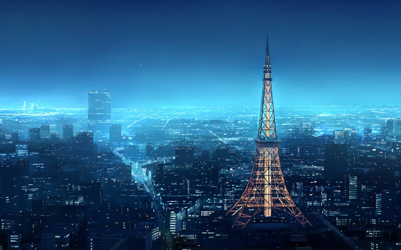 Tokyo Tower at Night — Blue, Serene, Digital Art, Cityscape, Skyscrapers