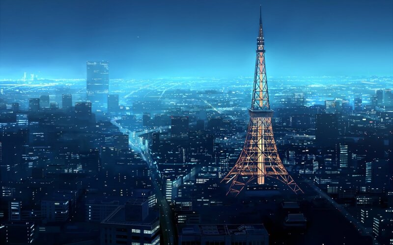 Tokyo Tower at Night — Blue, Serene, Digital Art, Cityscape