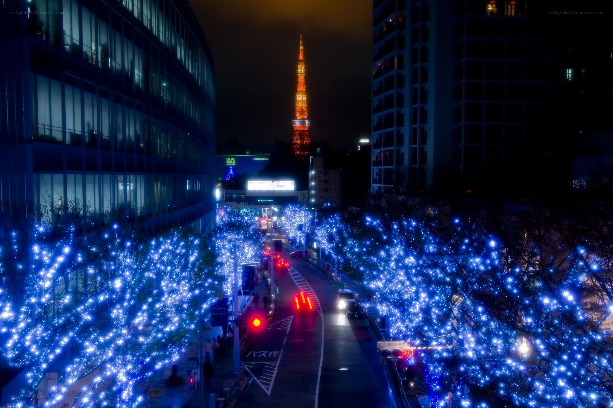 Tokyo Tower at night with blue lights