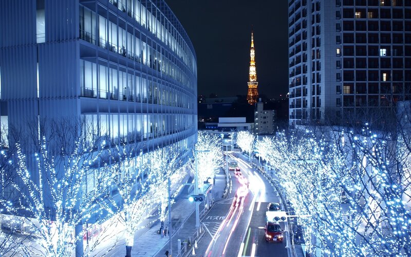 Tokyo Tower at night with lights