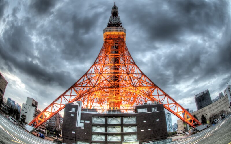 Tokyo Tower under stormy sky