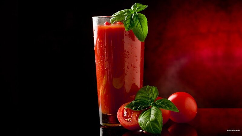 Tomato Juice in Glass — Red, Dramatic, Photograph, Basil