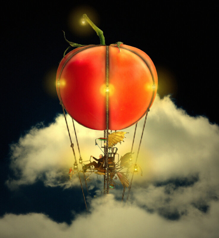 Tomato-shaped airship in clouds