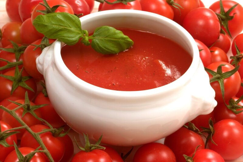 Tomato Soup in Bowl — Red, Fresh, Photograph, Basil