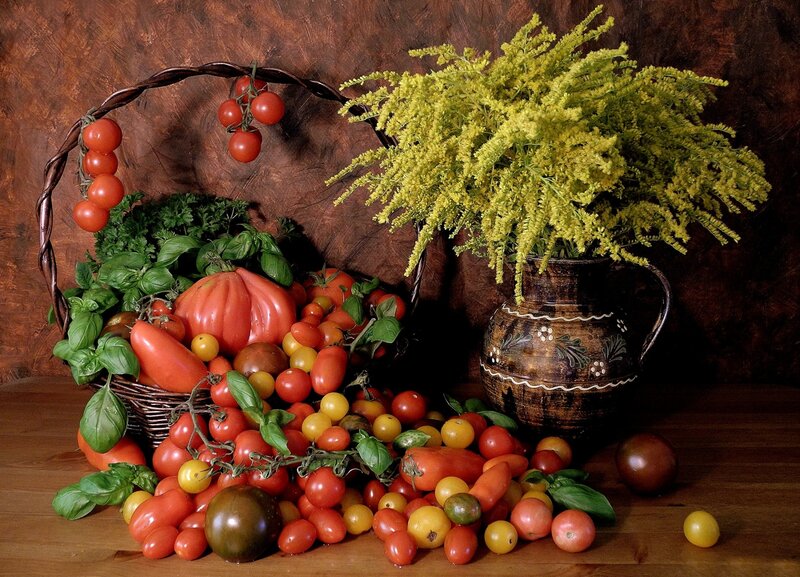 Tomatoes and Basil in Basket