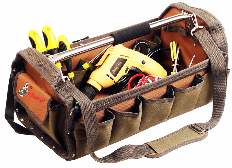 Tool bag with power drill and tools