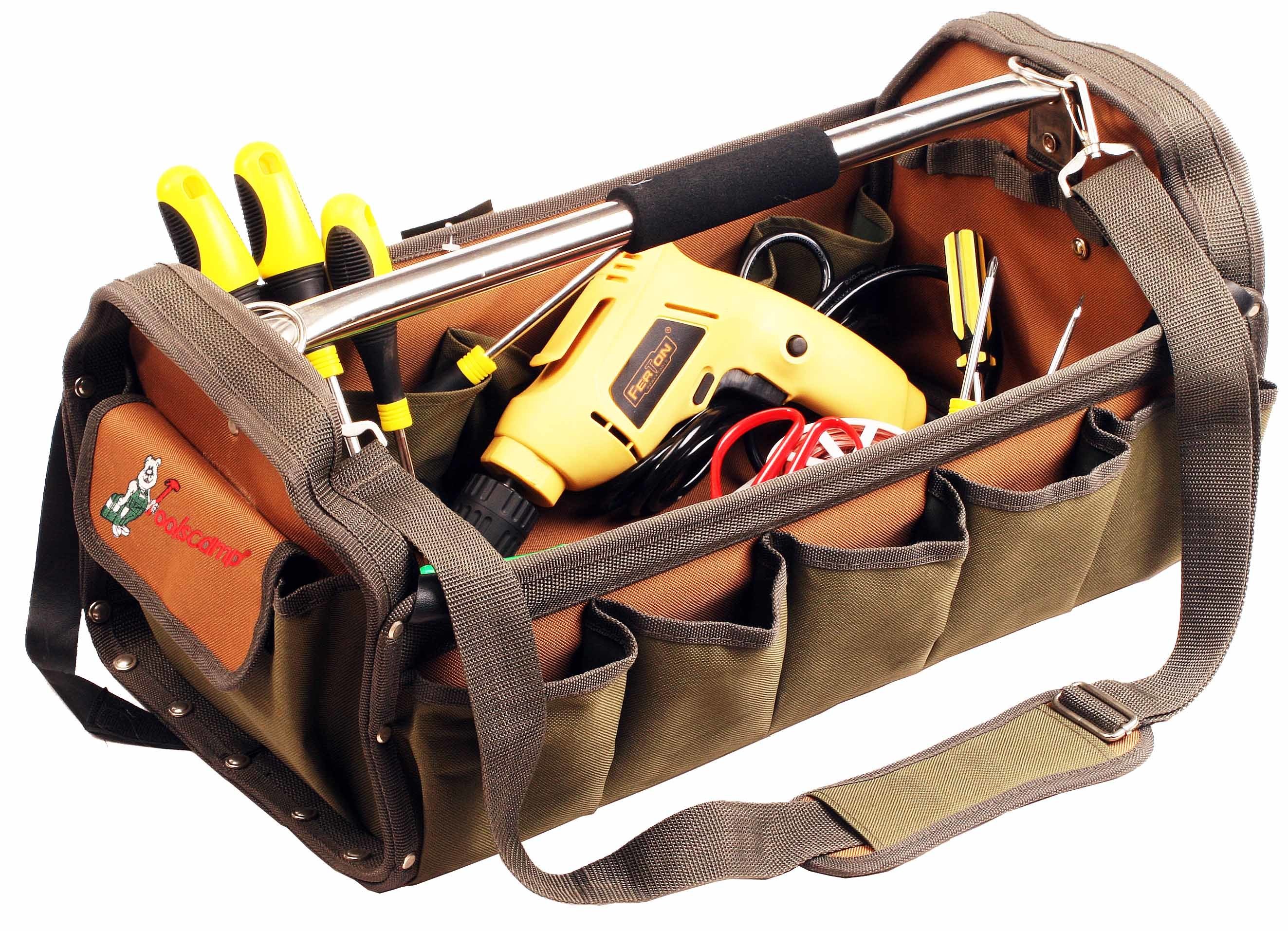 Tool bag with power drill and tools