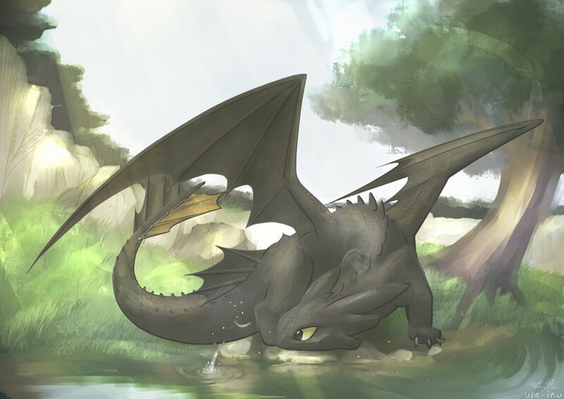 Toothless drinking from a stream