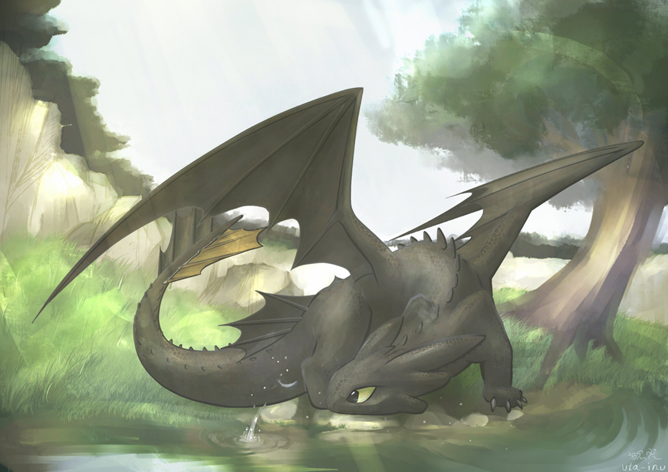 Toothless drinking from a stream