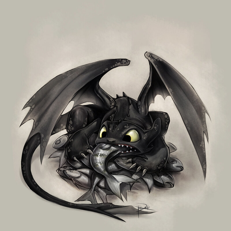 Toothless eating fish