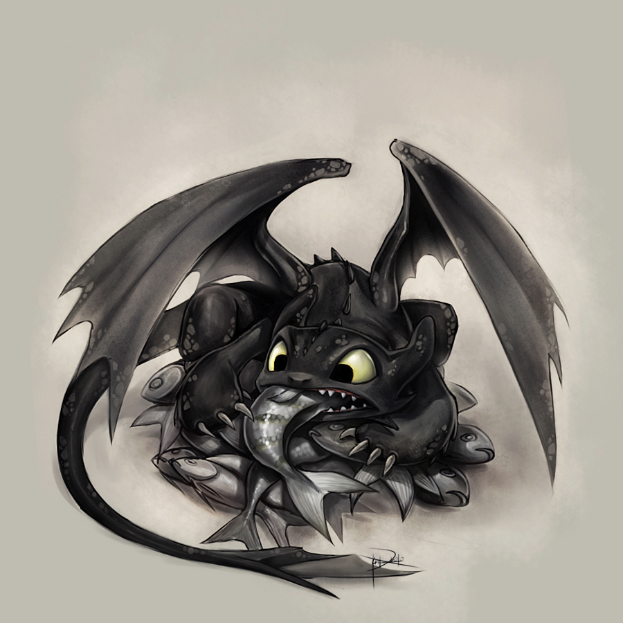 Toothless eating fish