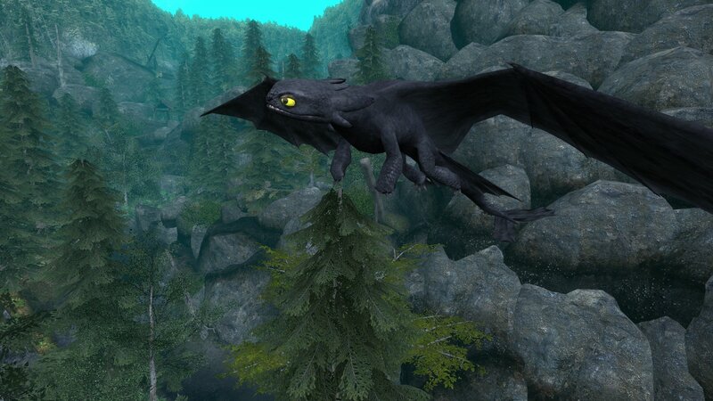 Toothless flying over forest