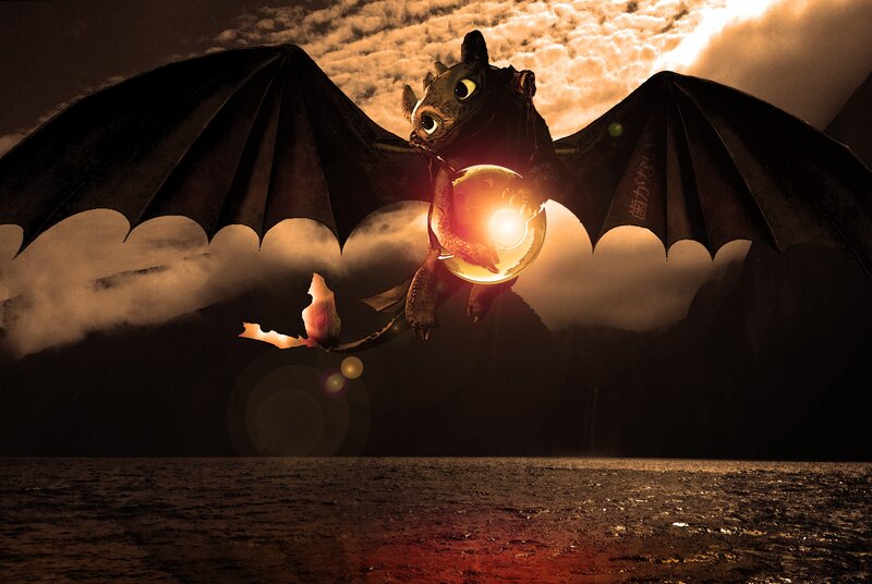 Toothless flying with a light