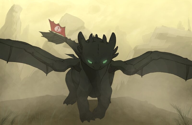 Toothless flying with flag