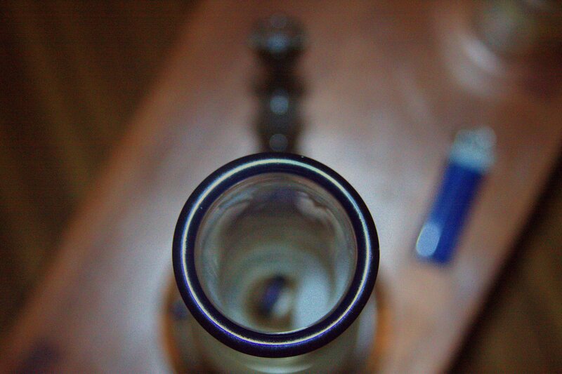 top-down view of a glass bottle