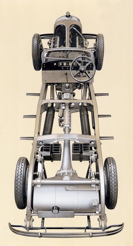 Top-down view of vintage race car chassis