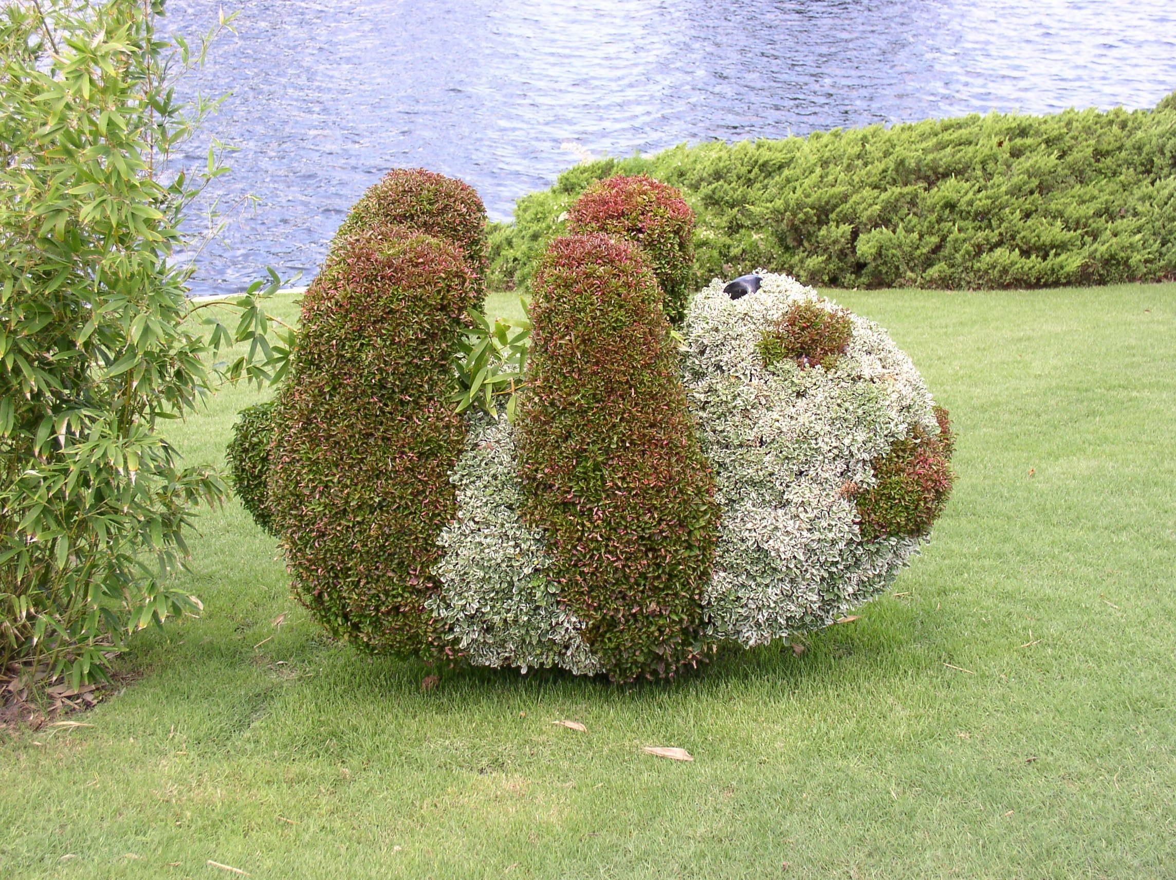 topiary sculpture by lake