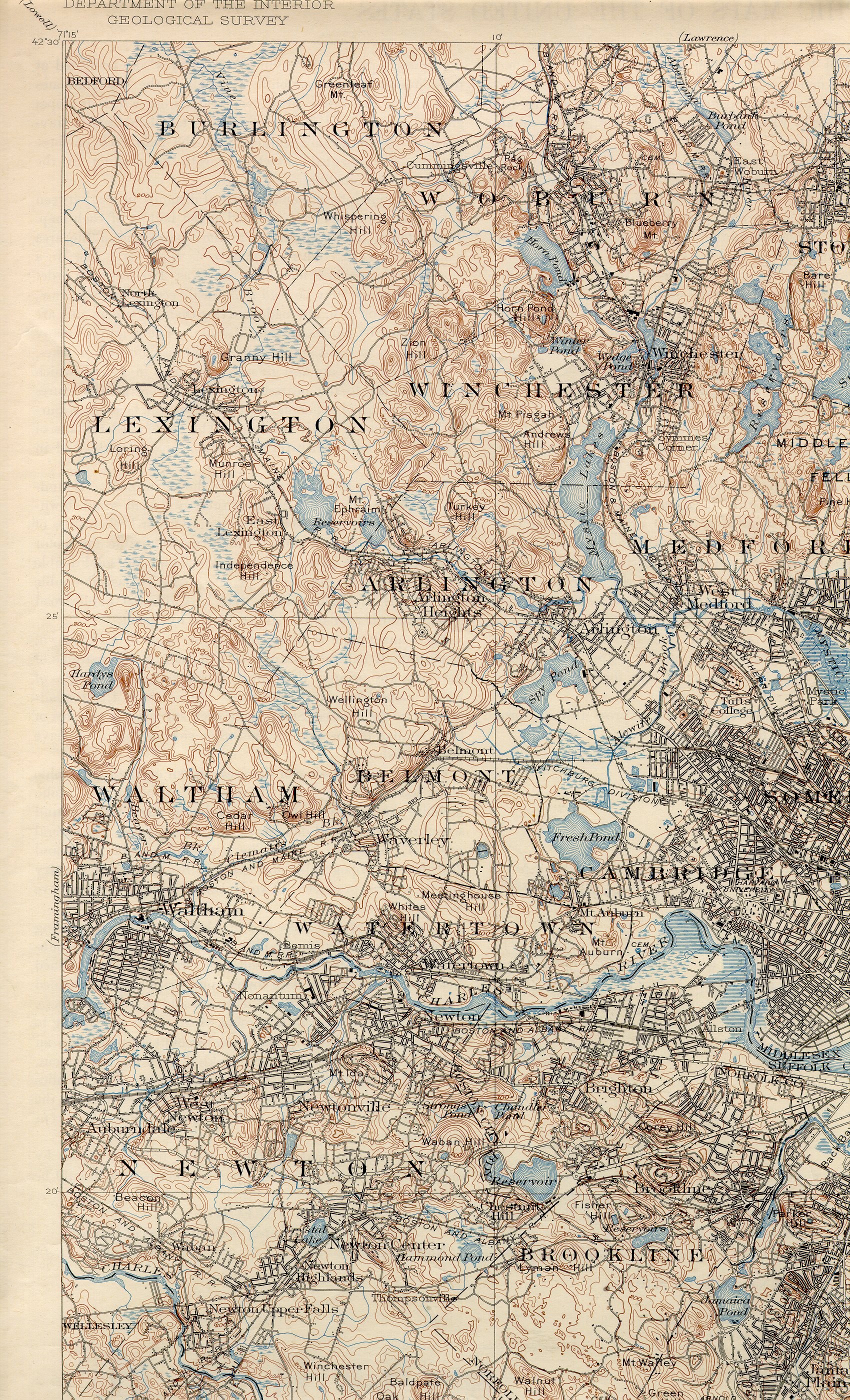 Topographic map of eastern Massachusetts